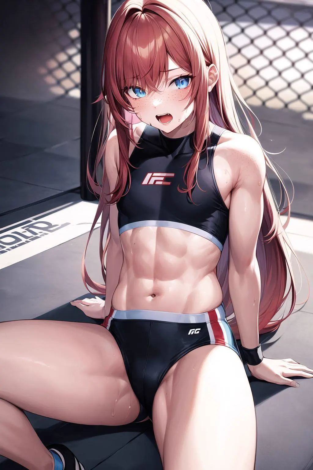 Image cowboy_shot,female,long_hair,bangs,blue_eyes,sweat,freckles,muscular,ai_generated,sitting,original,original_character,petite,abs,ginger_hair,flat_chest,muscular_female,tomboy,toned,frustrated,fighting_ring,ufc