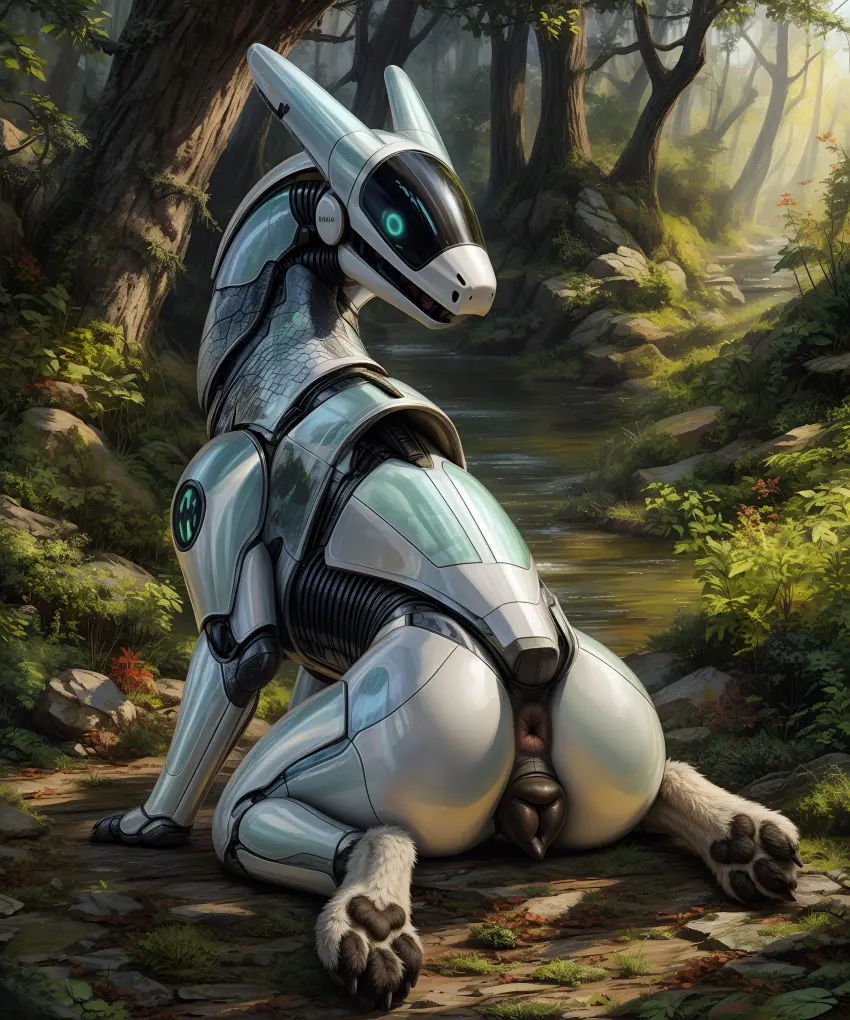 Image female,hi_res,looking_at_viewer,solo,blue_eyes,pussy,ass,looking_back,ai_generated,anus,absurd_res,glowing_eyes,fur,genitals,cyborg,white_body,tree,forest,animal_genitalia,canine_genitalia,plant,hybrid,white_fur,looking_back_at_viewer,feral,glowing,animal_pussy,machine,robot,pawpads,cybernetics,canine_pussy,pink_anus,sploot,black_pawpads,black_pussy,blp,synth_(vader-san),synthetic,tailless