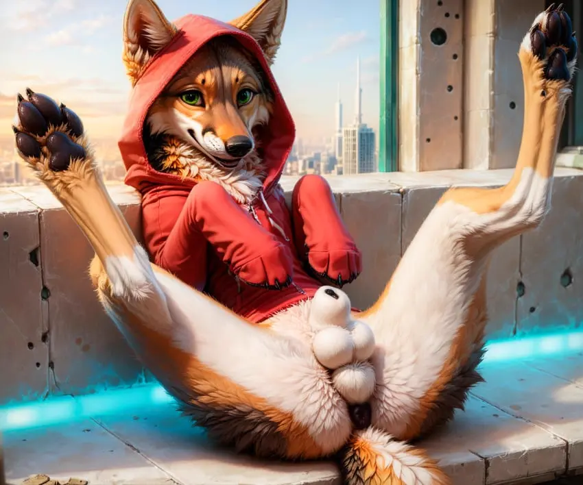 Image clothed,clothing,hi_res,smile,solo,male,ass,ai_generated,balls,anus,green_eyes,spread_legs,spreading,presenting,canid,canine,canis,fur,genitals,mammal,multicolored_body,multicolored_fur,claws,white_body,front_view,hoodie,brown_fur,animal_genitalia,fox,sheath,tuft,hybrid,topwear,brown_body,white_balls,white_fur,white_sheath,feral,glowing,perineum,on_ground,pawpads,black_claws,city,coyote,reclining,black_anus,black_pawpads,blp,fully_sheathed,clothed_feral