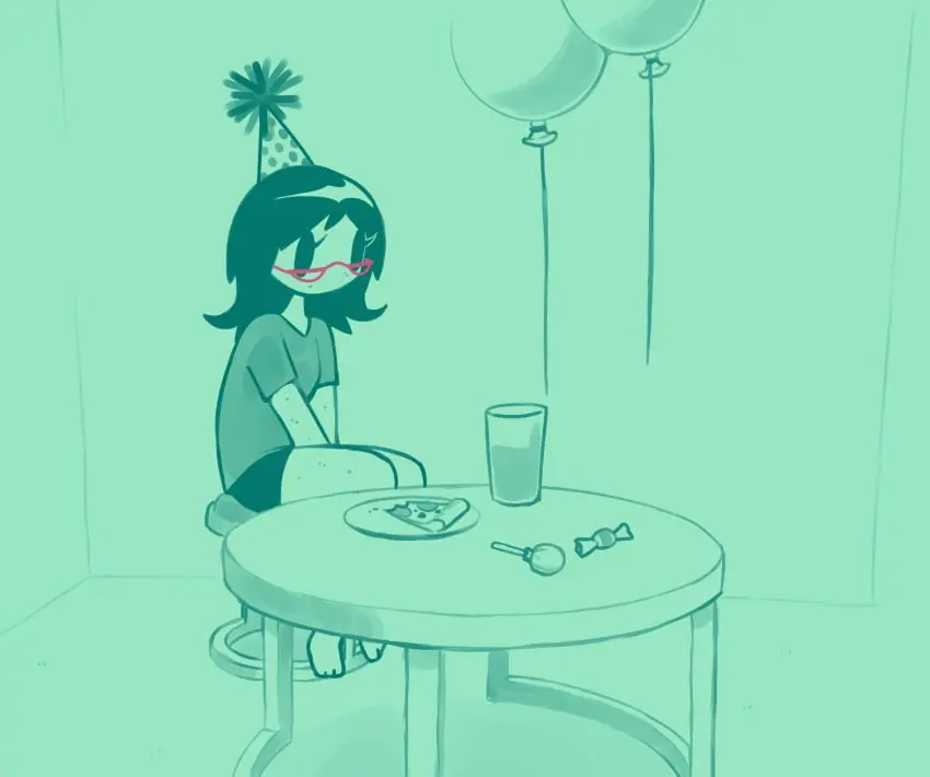 Image clothed,human,black_hair,eyelashes,glasses,ambiguous_gender,comic,shorts,2024,sad,red_glasses,toony,table,pizza,drink,page_1,balloon,stool,candy,birthday,lolipop,screwroot,scrib_(screwroot),toony_eyes,lonely