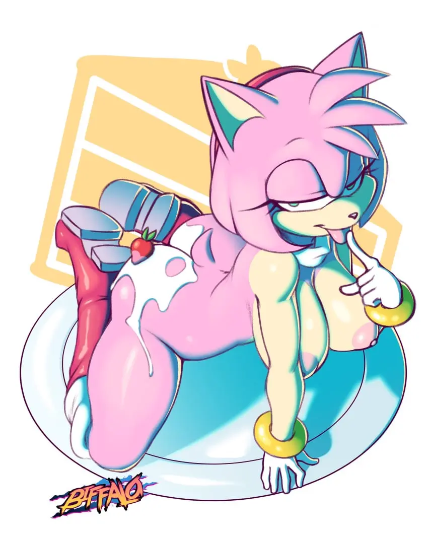 Image 1girls,breasts,female,looking_at_viewer,tongue_out,tongue,ass,pink_hair,anthro,green_eyes,on_knees,amy_rose,sonic_(series),pink_fur,rodent,hedgehog,mobian_(species),strawberry,biffalo,finger_on_tongue