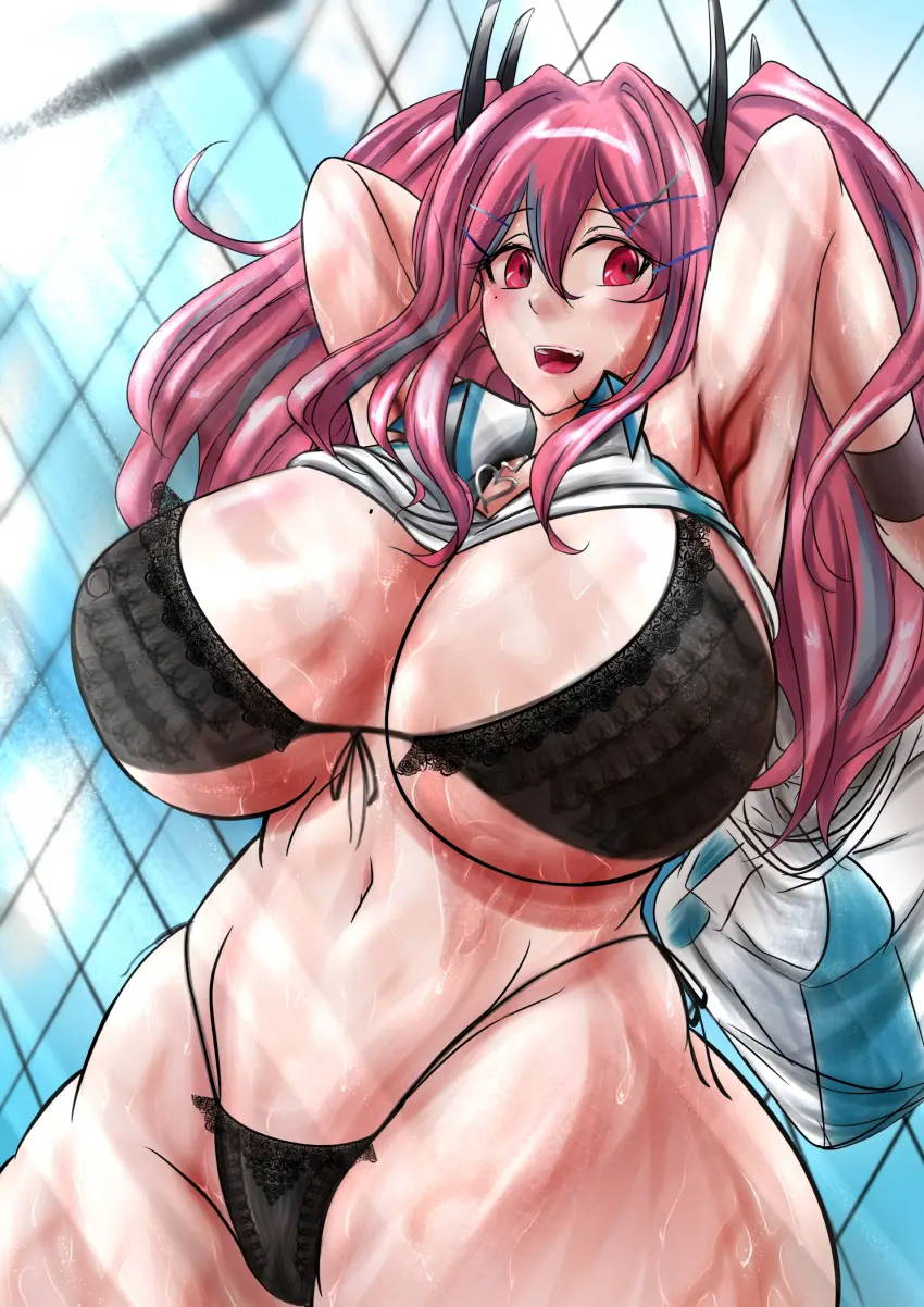Image 1girls,big_breasts,breasts,female,sweat,thick_thighs,lingerie,mole,mole_on_breast,twintails,azur_lane,bremerton_(azur_lane),fence,hagure_buta,g_string,bremerton_(scorching-hot_training)_(azur_lane),tennis_uniform