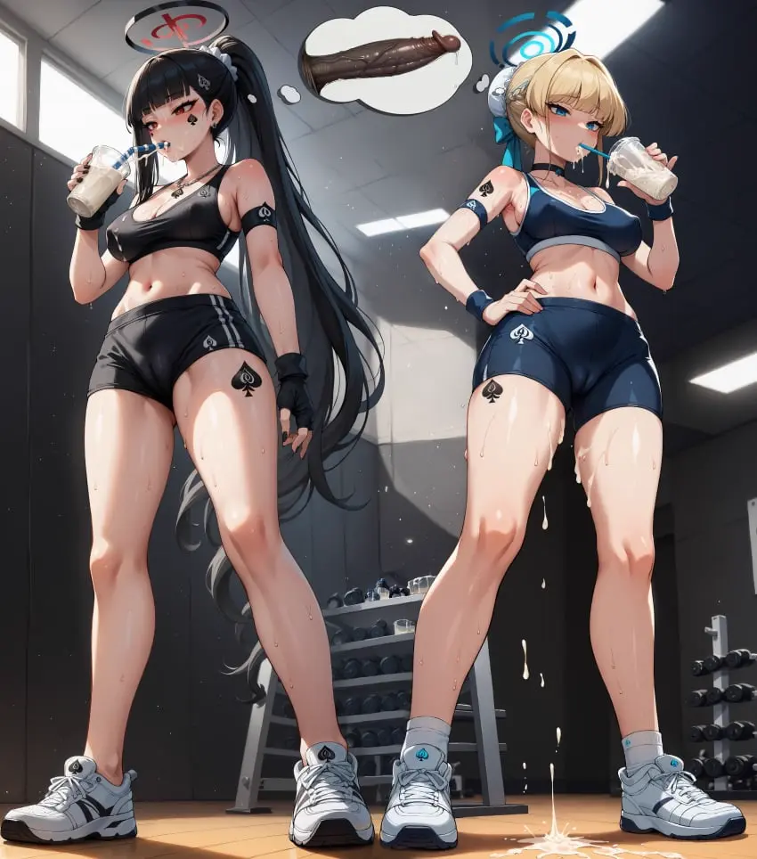Image female,2girls,male,penis,blue_archive,dark-skinned_male,interracial,ai_generated,gym,disembodied_penis,queen_of_spades,toki_(blue_archive),rio_(blue_archive),blackedaibabes