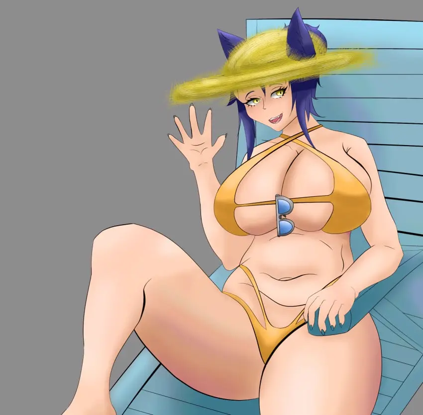 Image big_breasts,breasts,female,bikini,big_ass,big_butt,milf,cat_ears,catgirl,cat_tail,bikini_top,big_thighs,bikini_bottom,big_hips,hair_bun,windlessair_,inaya(windlessair)