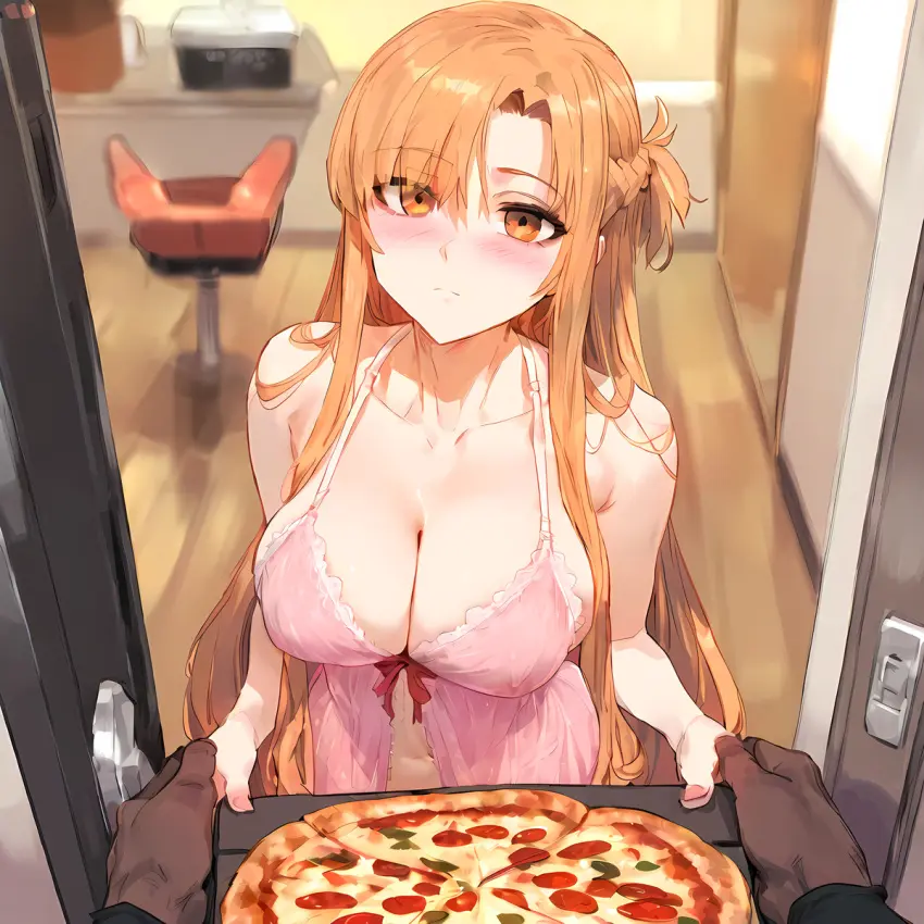 Image 1girls,big_breasts,blush,breasts,female,looking_at_viewer,1boy,male,dark-skinned_male,dark_skin,ai_generated,pizza,sword_art_online,yuuki_asuna,ecchiai_art