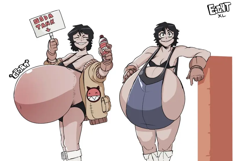 Image 1girls,breasts,female,smile,black_hair,bra,panties,small_breasts,belly,huge_belly,fat,bloated_belly,onomatopoeia,sign,soda,soda_bottle,eightxl