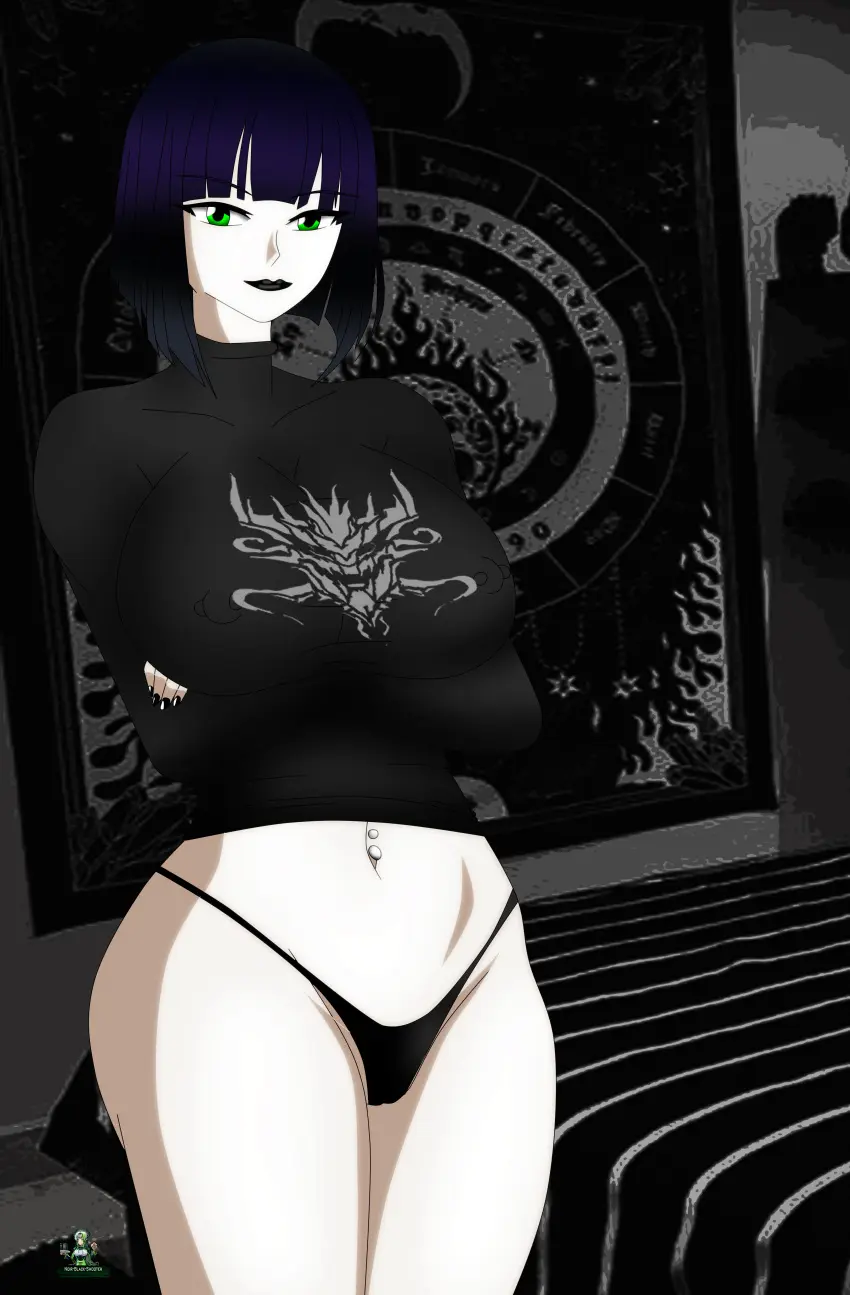 Image big_breasts,breasts,female,no_bra,black_hair,short_hair,huge_breasts,green_eyes,original,original_character,oc,nipple_piercing,goth,goth_girl,gothic,noir-black-shooter,ophelia_zoldak_(noir-black-shooter)