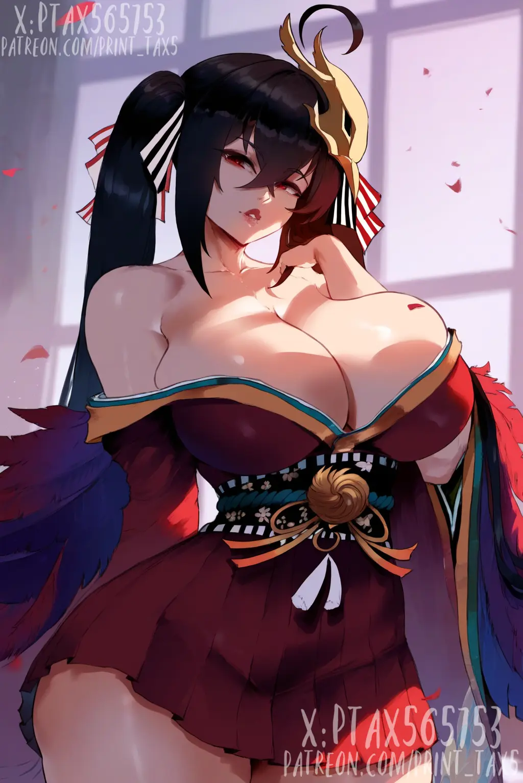 Image big_breasts,breasts,female,black_hair,big_butt,patreon_username,ai_generated,skirt,azur_lane,taihou_(azur_lane),twitter_username,thiccwithaq_(ai_style),print_tax5