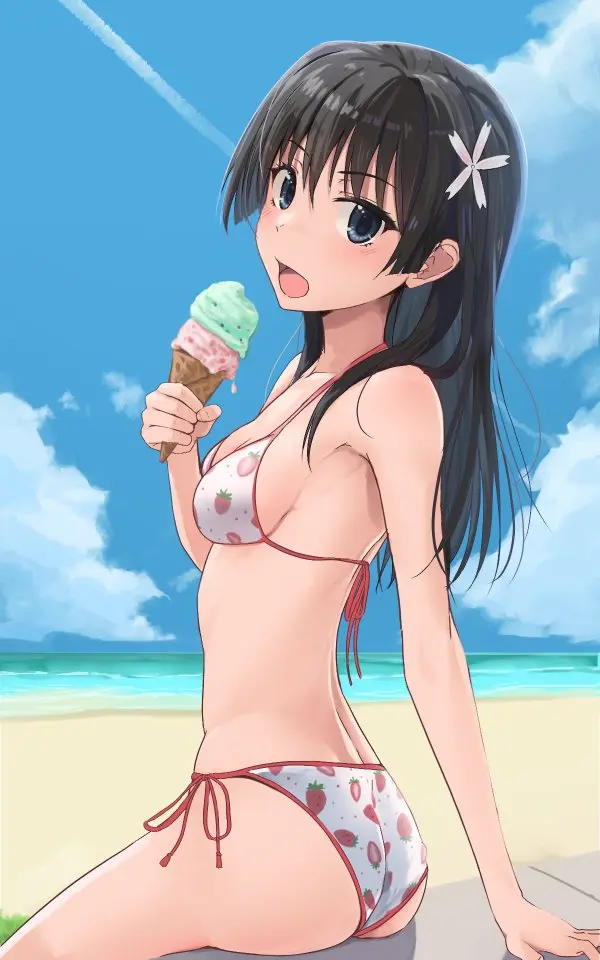 Image 1girls,breasts,female,female_only,long_hair,solo,black_hair,blue_eyes,bikini,ass,small_breasts,beach,eyebrows,eyebrows_visible_through_hair,sideboob,solo_focus,swimsuit,outdoors,2024,clouds,to_aru_majutsu_no_index,to_aru_kagaku_no_railgun,ice_cream,saten_ruiko,k3rd