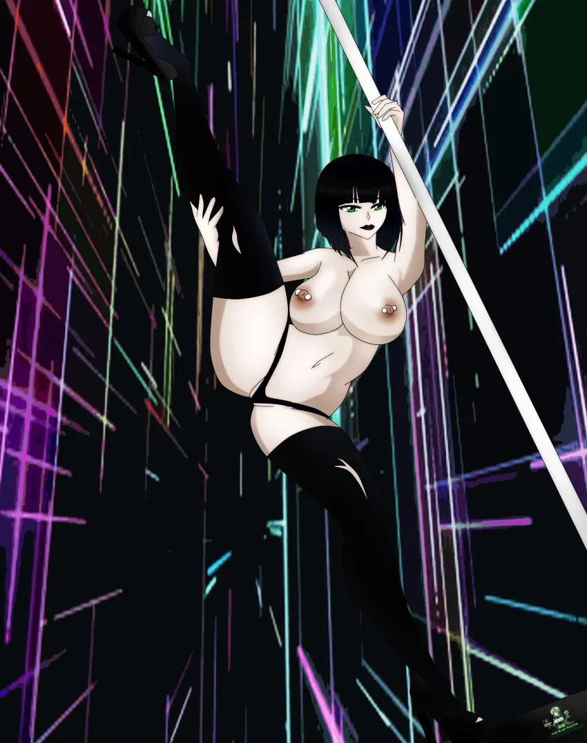 Image big_breasts,breasts,female,black_hair,short_hair,nude_female,green_eyes,original,original_character,pale-skinned_female,completely_nude_female,high_heels,oc,nipple_piercing,goth,goth_girl,stripper_pole,gothic,noir-black-shooter,ophelia_zoldak_(noir-black-shooter)