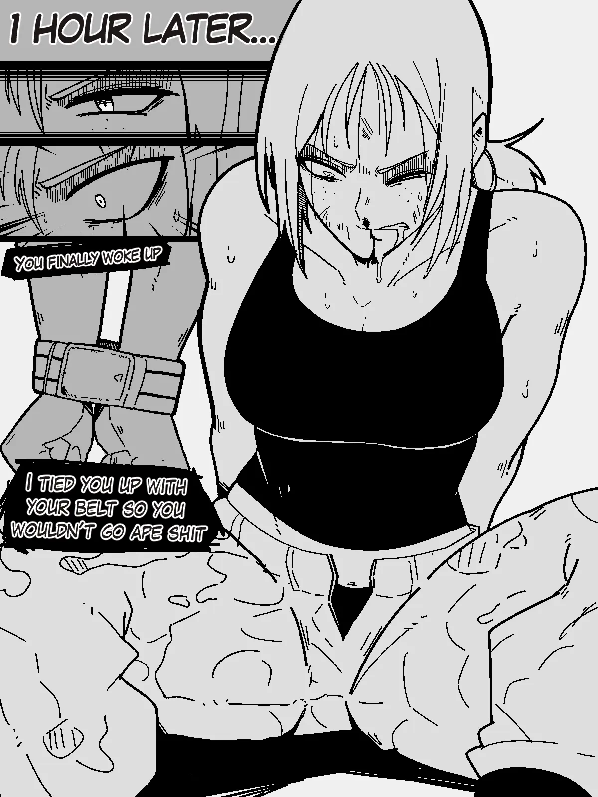 Image panties,tagme,black_and_white,comic,comic_page,belt,captured,bondage,tied_hands,tied_up,tank_top,crop_top,bound,bound_wrists,imminent_rape,attack_on_titan,eren_jaeger,mark_gavatino,ymir_(shingeki_no_kyojin),belt_bondage