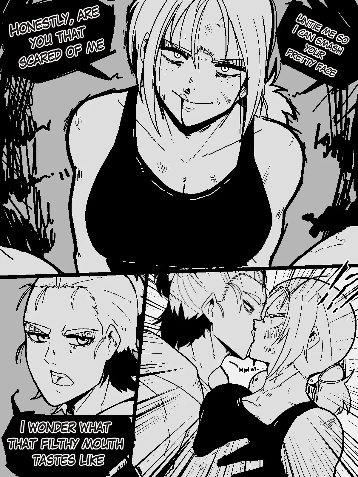Image female,straight,freckles,tagme,aged_up,black_and_white,comic,comic_page,belt,captured,bondage,rape,tied_hands,tied_up,kissing,freckles_on_face,tank_top,crop_top,straight_sex,bound,bound_wrists,time_skip,imminent_rape,attack_on_titan,eren_jaeger,forced_kiss,mark_gavatino,ymir_(shingeki_no_kyojin),belt_bondage,manbun,moaning_on_mouth,surprise_kiss