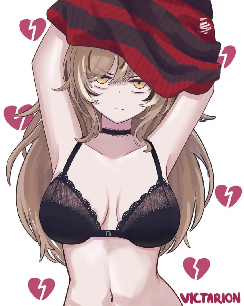 Image 1girls,breasts,female,light-skinned_female,long_hair,bra,virtual_youtuber,belly,belly_button,hololive,hololive_english,annoyed_expression,hololive_english_-council-,hololive_english_-promise-,neutral_expression,nanashi_mumei,nanashi_mumei_(emo),taking_shirt_off