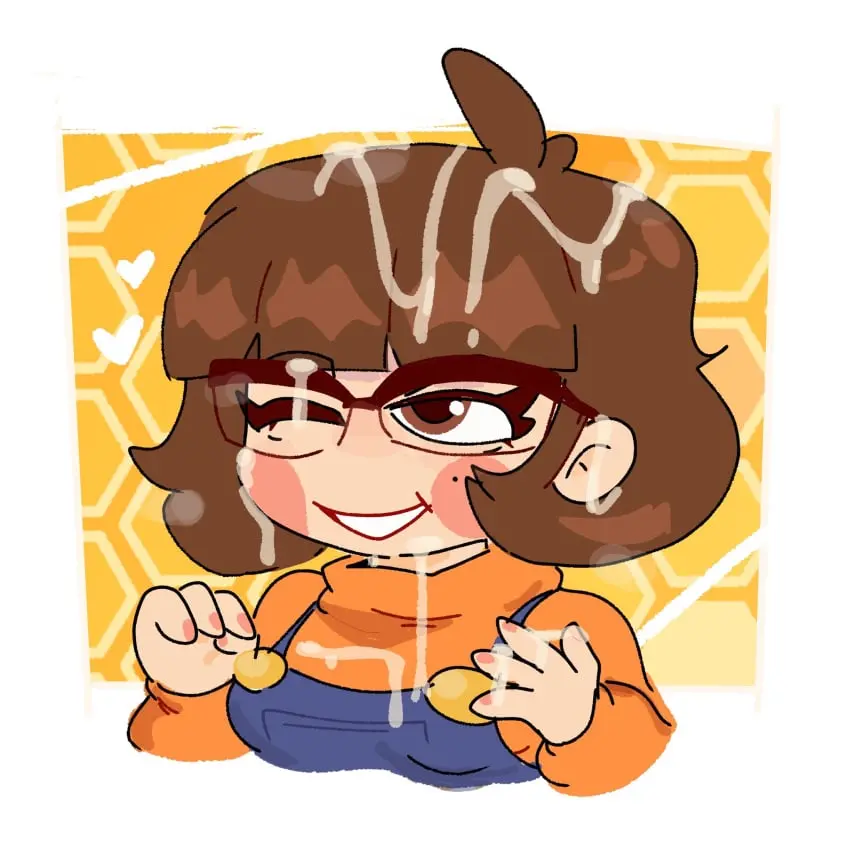 Image 1girls,clothed,clothing,female,cum_on_face,hand_on_head,clothed_female,clothes,overalls,glasses,youtube,2d,facial,nail_polish,bukkake,brown_hair,fingernails,youtuber,trans_woman,transfem,funny,cum_on_glasses,bizabizow,errorplush,honeycomb_background,orange_nails