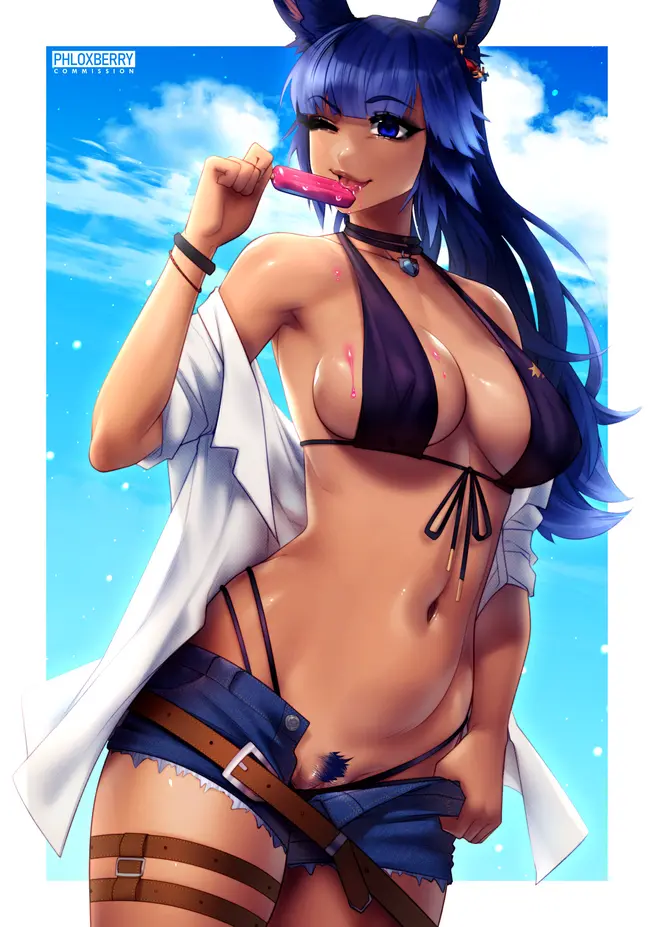 Image 1girls,breasts,female,animal_ears,blue_eyes,blue_hair,pussy,choker,bikini,ponytail,beach,tan_skin,belly_button,pussy_peek,wink,swimsuit,pubic_hair,final_fantasy,shorts,final_fantasy_xiv,viera,tummy,ice_cream,phloxberry,ice_cream_drip,ice_cream_on_breasts,leg_straps,licking_ice_cream,shion_(blue_bnnuy),shorts_unzipped