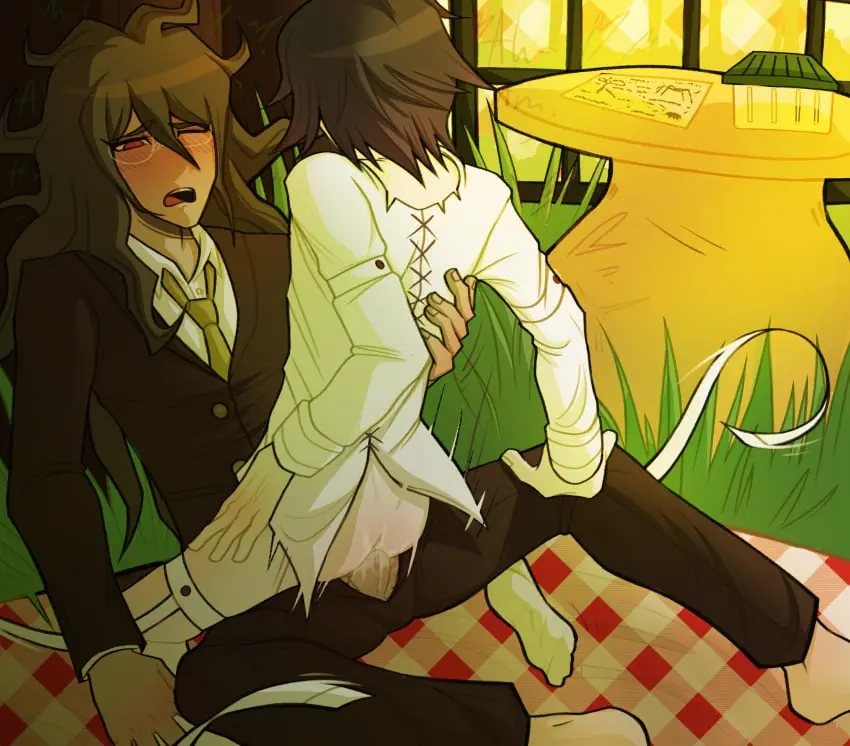 Image blush,long_hair,red_eyes,male,penis,big_penis,straps,white_clothing,glasses,size_difference,riding,gay,gay_sex,socks,purple_hair,top-down_bottom-up,penetration,green_hair,back_view,fully_clothed,tie,danganronpa,grass,laboratory,danganronpa_v3,half_naked,against_tree,riding_cock,kokichi_ouma,ouma_kokichi,picnic_blanket,bigsyo,brown_suit,gokuhara_gonta,gonta_gokuhara
