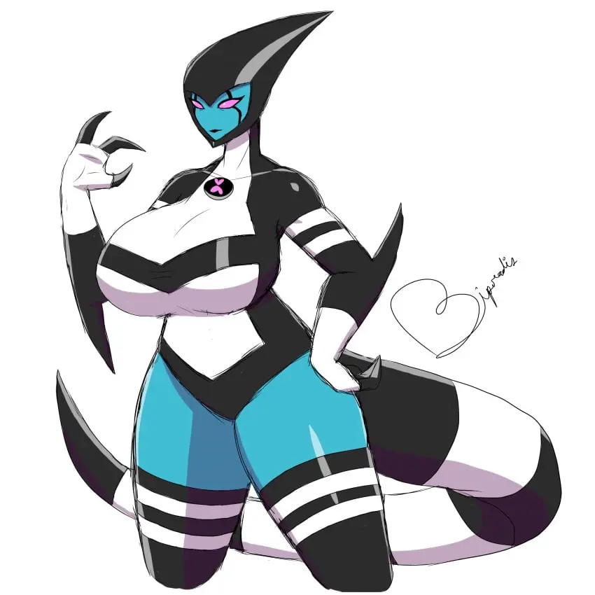 Image big_breasts,breasts,female,female_only,solo,tail,thighhighs,solo_female,pink_eyes,thigh_highs,3_fingers,alien,alien_girl,striped_tail,ben_10,chaquetrix,kineceleran,xlr8,biperadis