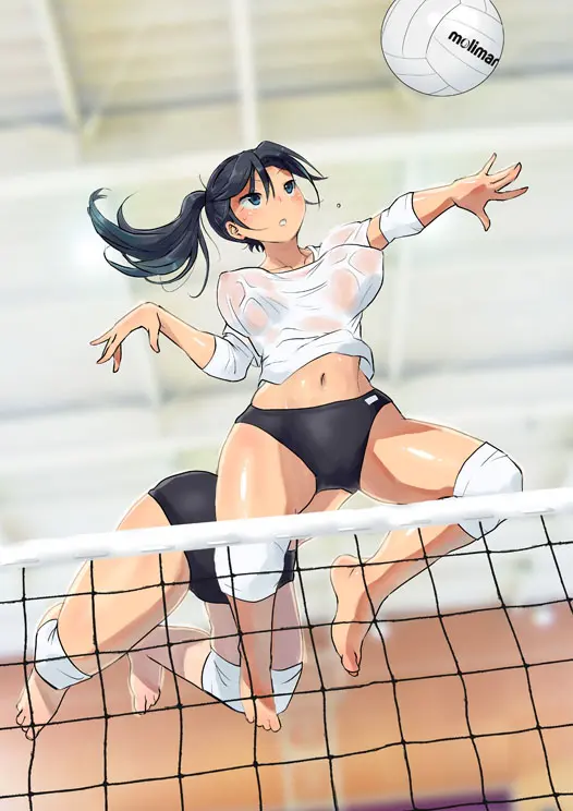 Image 1girls,female,black_hair,blue_eyes,barefoot,athletic,tagme,what,white_shirt,athletic_female,jumping,multi_limb,taur,volleyball,multi_leg,borusen,human_taur,kneepads