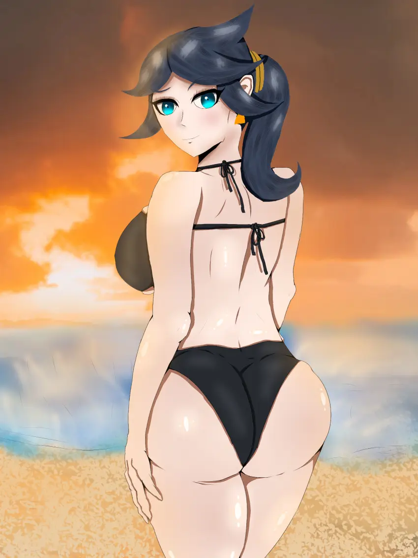 Image 1girls,big_breasts,breasts,female,looking_at_viewer,shiny_skin,solo,black_hair,blue_eyes,pokemon,bikini,earrings,looking_back,ponytail,milf,beach,solo_female,solo_focus,black_panties,black_bikini,smirk,sunset,pokemon_(anime),pokemon_horizons,kosman,lucca_(pokemon)