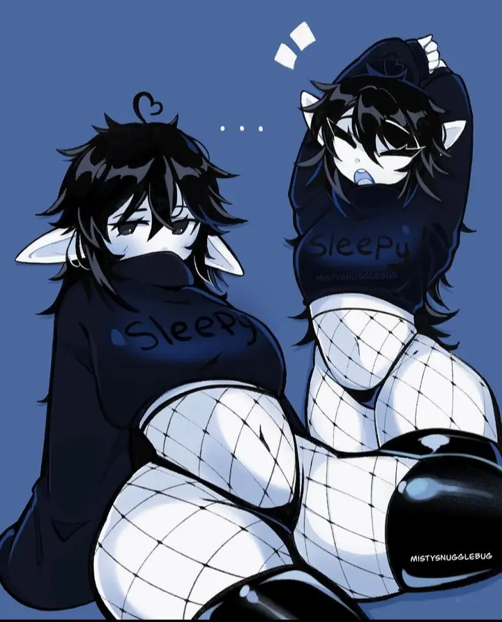Image female,long_hair,black_hair,thighhighs,thick_thighs,elf,elf_ears,elf_female,fishnets,goth,goth_girl,crop_top,stretching,yawning,mistysnugglebug,sleepy_(mistysnugglebug)