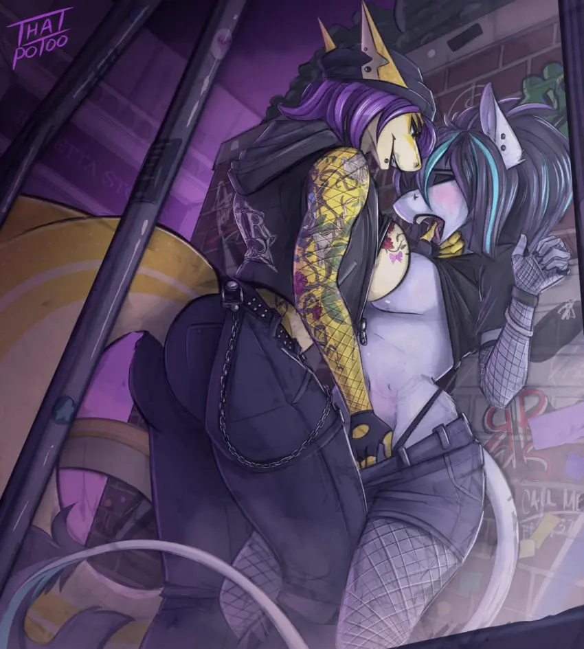 Image big_breasts,breasts,clothed,clothing,female,hi_res,open_mouth,gloves,tail,tongue_out,tongue,ass,sex,duo,hair,anthro,original,original_character,vaginal_penetration,purple_hair,low-angle_view,yellow_body,fingering,makeup,belt,shorts,lipstick,interspecies,legwear,fish,marine,shark,female/female,fingerless_gloves,hood,breast_squish,squish,original_characters,fully_clothed,topwear,handwear,goth,chains,fingering_partner,finger_fuck,leggings,fishnet_clothing,fishnet_leggings,fishnet_legwear,bottomwear,breasts_frottage,vest,alternative_fashion,punk,thick_tail,furgonomics,hotpants,tongue_grab,notched_ear,exa_(thatpotoo),indigo_night,poony,sleeve_tattoo,thatpotoo