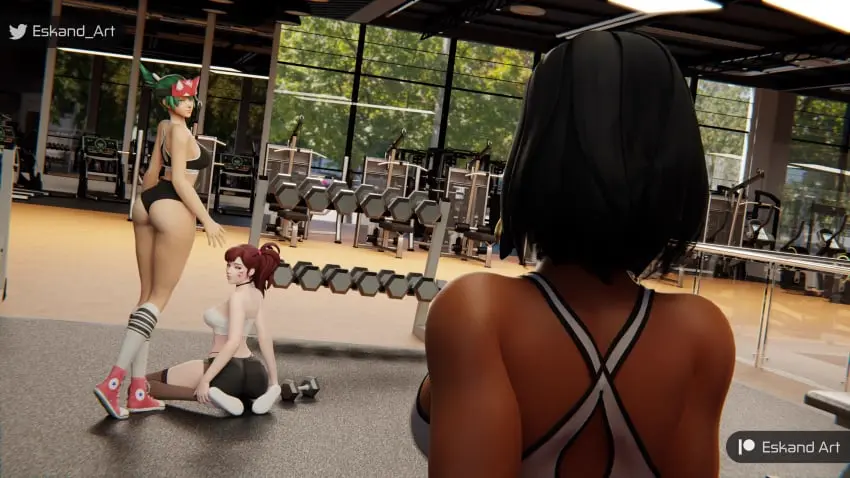 Image female,female_only,multiple_girls,gym,3d,3girls,teasing,kiriko_(overwatch),overwatch,overwatch_2,d.va,pharah,eskandart