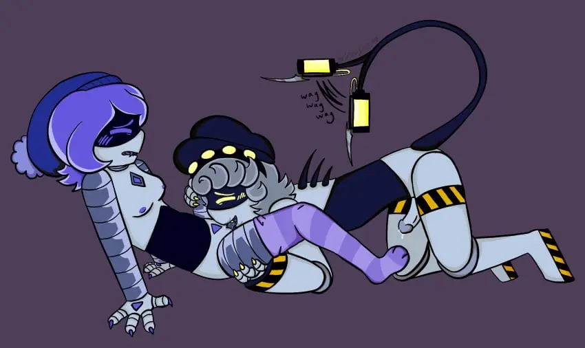 Image 1girls,female,grey_hair,1boy,male,tail,hat,humanoid,headwear,male/female,2d,stockings,socks,purple_hair,precum,claws,fangs,on_knees,cunnilingus,beanie,robot,robot_girl,robot_humanoid,robot_boy,holding_legs,android,syringe,purple_nipples,murder_drones,uzi_(murder_drones),screen_face,humanoid_male,n_(murder_drones),humanoid_female,wagging_tail,pilot_hat,back_spikes,caution_stripes,needle,wywyrm