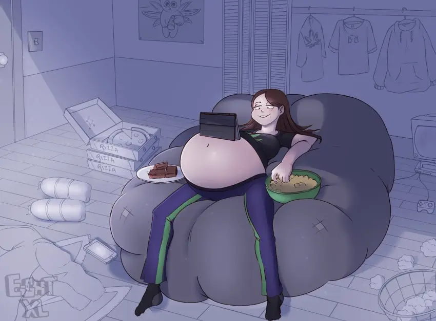 Image 1girls,female,belly,big_belly,pizza,stuffed_belly,pizza_box,eightxl,bean_bag