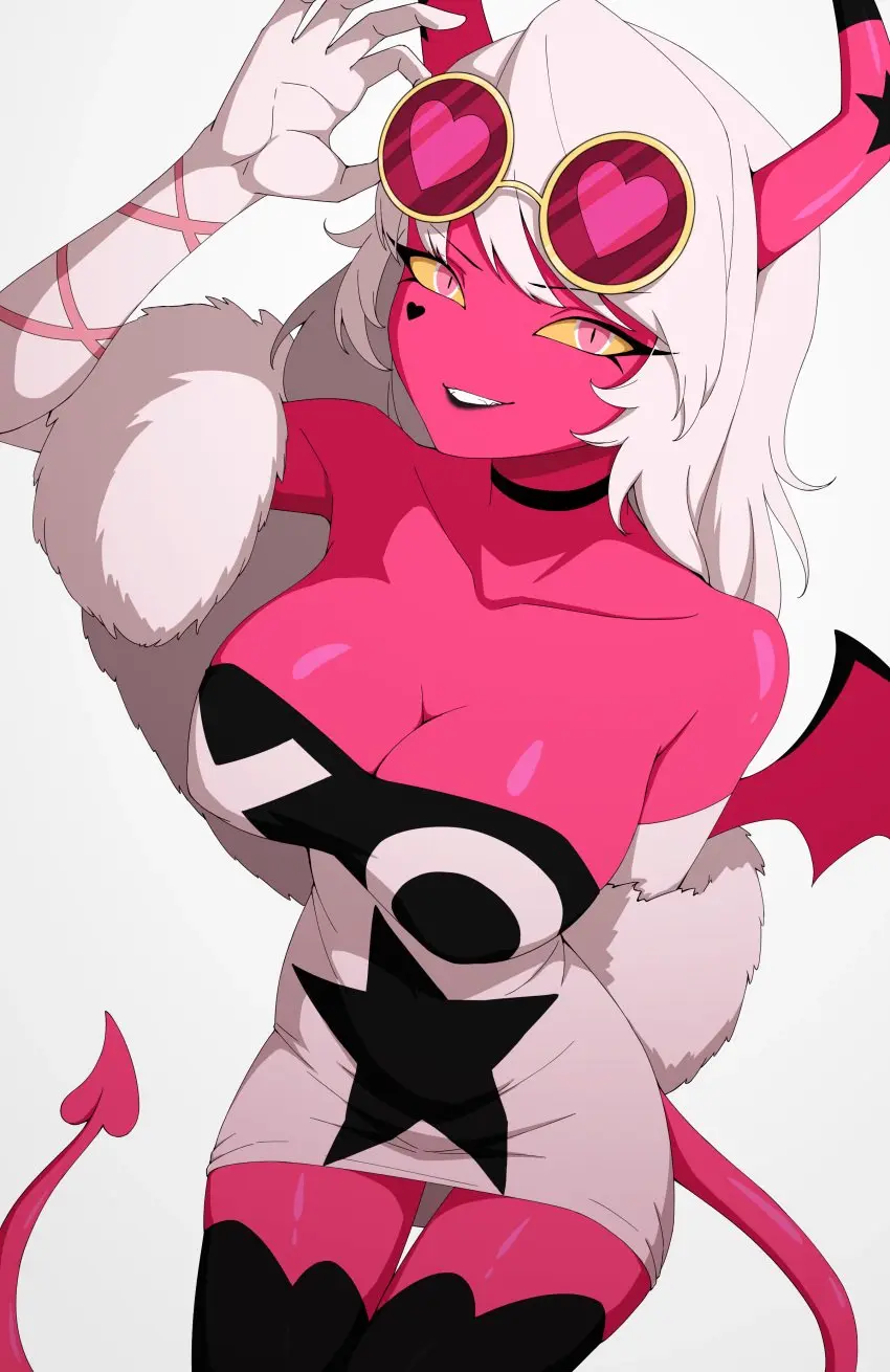 Image big_breasts,breasts,female,white_hair,horns,cleavage,tagme,demon,demon_girl,helluva_boss,pink_skin,succubus,dayyo_(daydarion/day-chan),verosika_mayday_(helluva_boss)