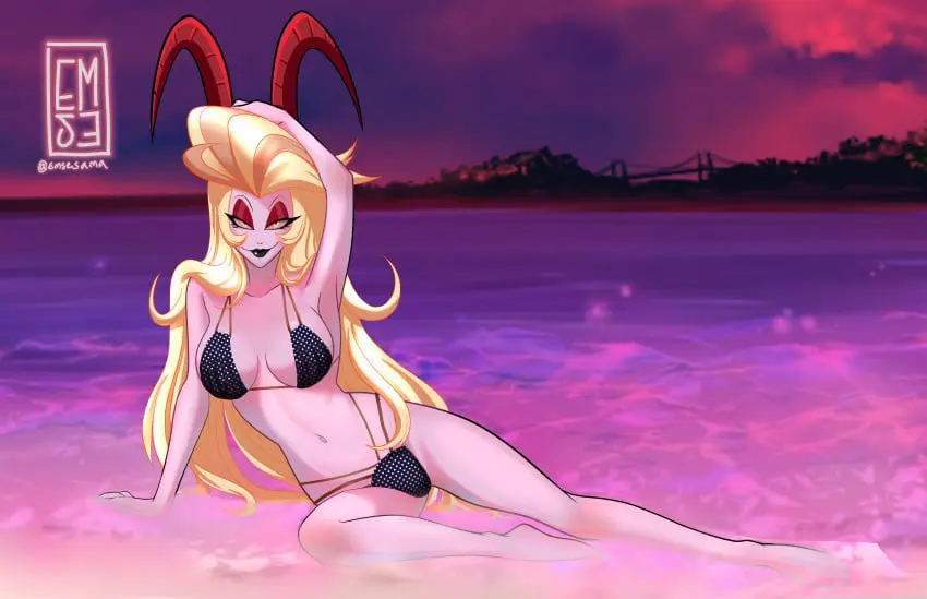 Image breasts,female,bikini,milf,beach,water,tagme,blonde_hair,demon_girl,mother,hazbin_hotel,succubus,lilith_morningstar_(hazbin_hotel),waves