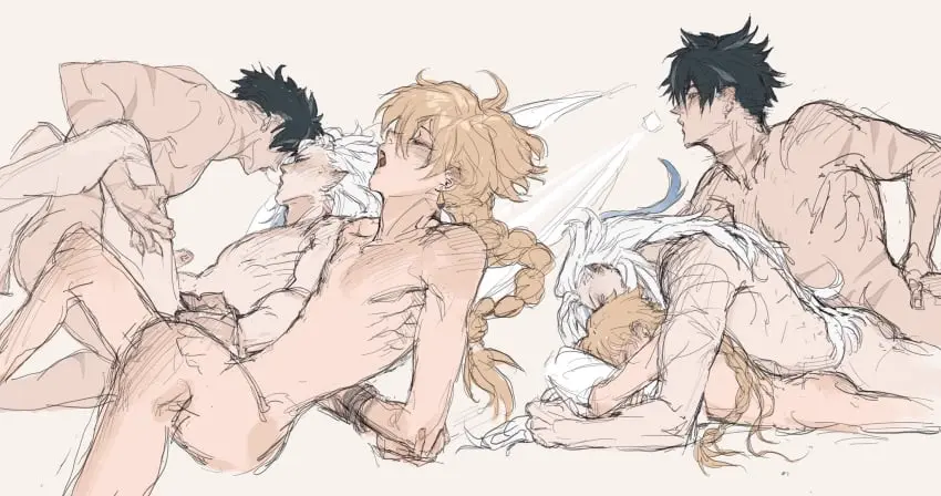 Image blush,male,penis,threesome,male_only,yaoi,size_difference,blonde_hair,naked,genshin_impact,aether_(genshin_impact),legs_up,sketch,sketch_page,moaning,3boys,twink,panting,messy_hair,sandwiched,neuvillette_(genshin_impact),wriothesley_(genshin_impact),gripping_thighs