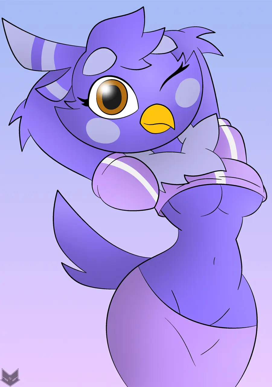 Image female,thick_thighs,arms_behind_head,anthro,tagme,wink,purple_body,avian,avian_humanoid,beak,bird_girl,yellow_beak,melissa_morgan,purple_feathers,super_planet_dolan