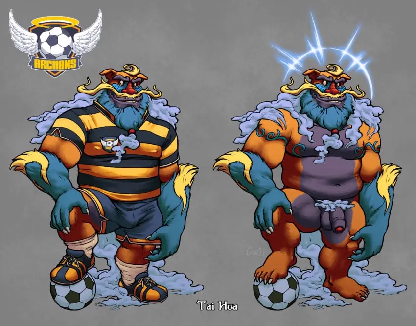 Image clothing,shirt,smile,solo,male,navel,nude,penis,anthro,halo,flaccid,footwear,genitals,mammal,shorts,hybrid,topwear,ball,pubes,beard,shoes,bottomwear,facial_hair,monkey,haplorhine,primate,captaingerbear,cloud_hair,mandrill,old_world_monkey,soccer_ball,tai_hua