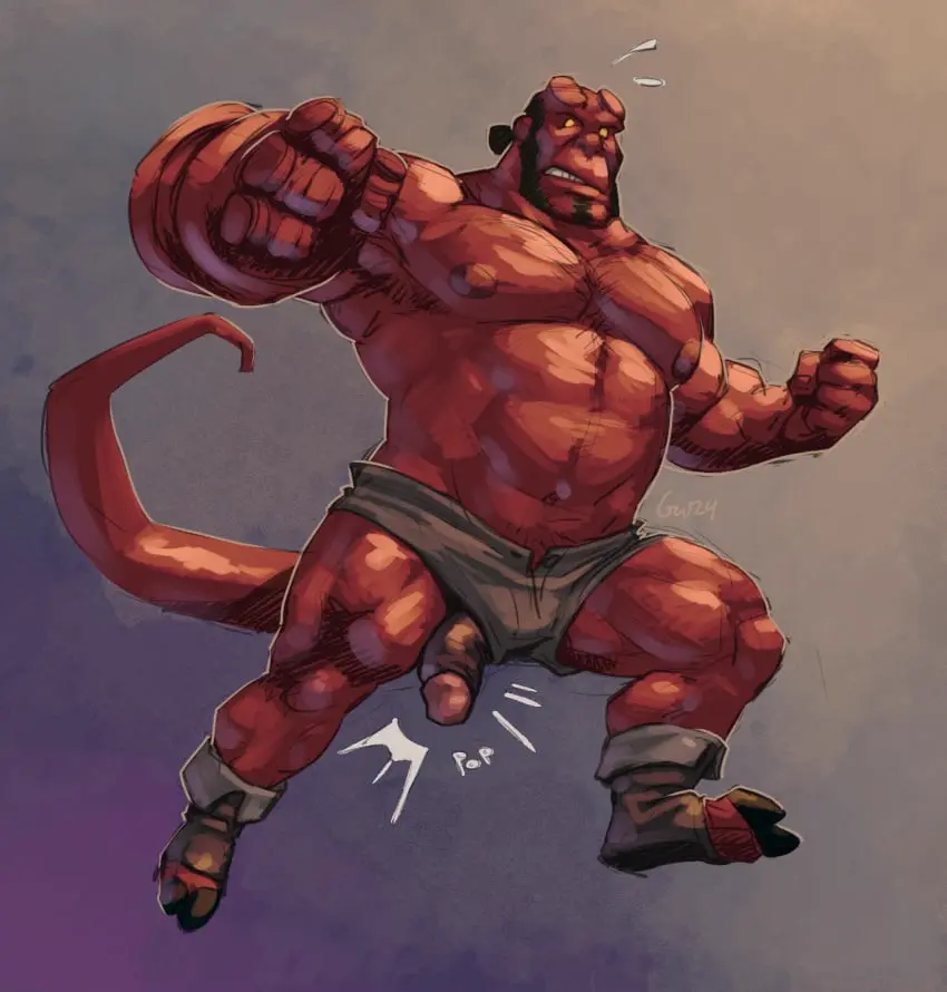 Image clothed,clothing,hi_res,nipples,solo,male,penis,big_penis,humanoid,male_only,yaoi,demon,bara,topless,flaccid,genitals,biceps,pecs,horn,surprise,hooves,beard,red_body,wardrobe_malfunction,facial_hair,broken_horn,penis_through_leghole,poking_out,captaingerbear,hellboy,hellboy_(series)