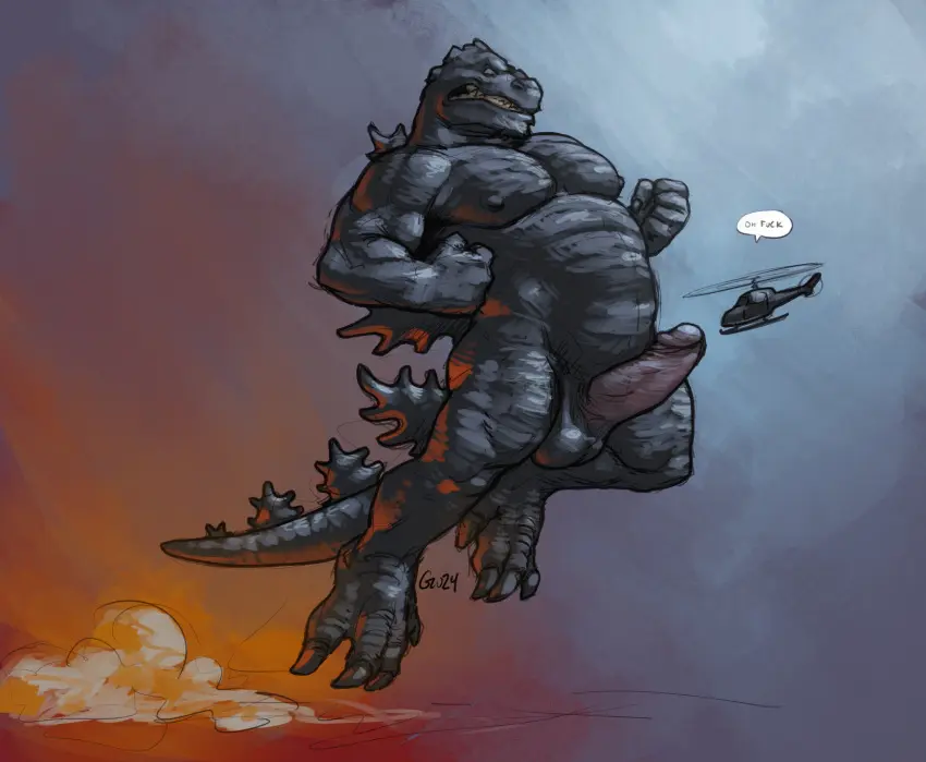 Image hi_res,nipples,solo,male,penis,duo,erection,humanoid_penis,balls,anthro,genitals,claws,pecs,reptile,scalie,humanoid_genitalia,macro,vehicle,godzilla_(series),godzilla,aircraft,captaingerbear,toho,helicopter