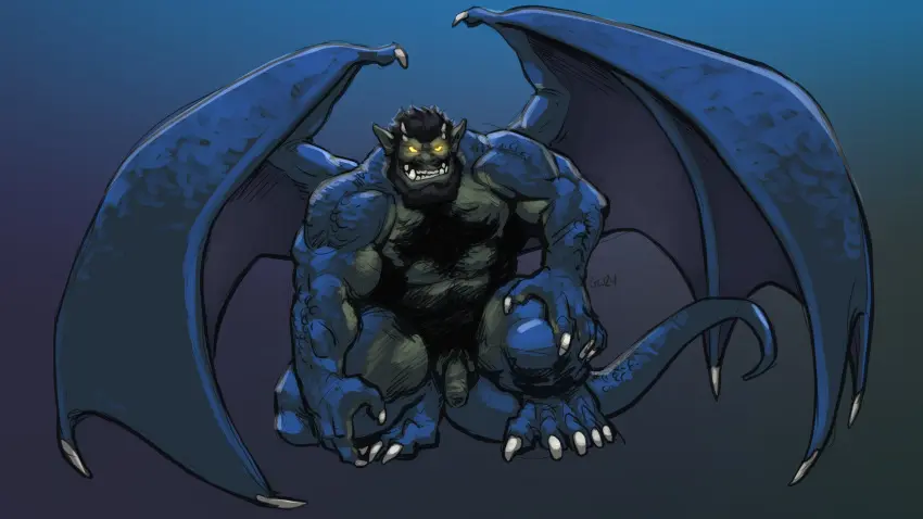 Image hi_res,looking_at_viewer,smile,solo,male,penis,humanoid,feet,grin,teeth,balls,wings,glowing_eyes,flaccid,genitals,claws,horn,fangs,pubes,glowing,body_hair,big_feet,masculine,plantigrade,chest_hair,membrane_(anatomy),membranous_wings,big_hands,gargoyle,captaingerbear
