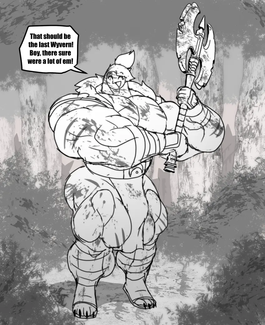 Image clothing,hi_res,smile,solo,male,ponytail,muscular,muscular_male,feet,happy,hair,anthro,character_request,bulge,blood,monochrome,bodily_fluids,muscular_anthro,pecs,tree,avian,bird,owl,big_muscles,toes,forest,plant,tuft,bottomwear,big_pecs,greyscale,muscular_thighs,head_tuft,loincloth,huge_muscles,axe,parttimeyeen_(artist)