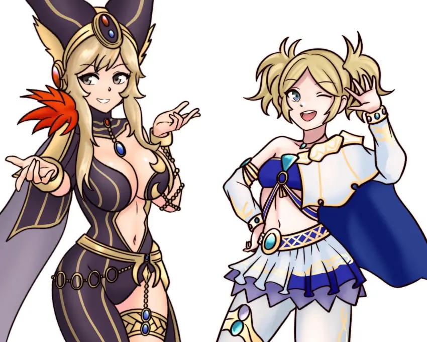 Image breasts,female,female_only,large_breasts,long_hair,2girls,blue_eyes,multiple_girls,navel,cleavage,midriff,blonde_hair,wink,nintendo,grey_eyes,twintails,alternate_costume,fire_emblem,fire_emblem_awakening,fire_emblem_fates,ophelia_(fire_emblem),the_legend_of_zelda,cosplay,hyrule_warriors,hayato_stuff,cia_(the_legend_of_zelda),cia_(the_legend_of_zelda)_(cosplay),grandmother_and_granddaughter,hyrule_warriors_definitive_edition,lana_(the_legend_of_zelda),lana_(the_legend_of_zelda)_(cosplay),lissa_(fire_emblem)