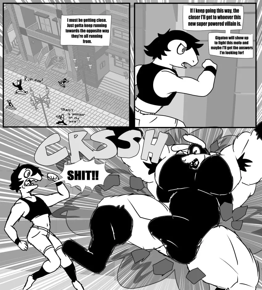 Image clothing,hi_res,shirt,male,navel,muscular,teeth,anthro,text,absurd_res,bulge,sharp_teeth,comic,mammal,sound_effects,shorts,reptile,scalie,leotard,big_muscles,topwear,big_bulge,lagomorph,leporid,rabbit,huge_bulge,crop_top,bottomwear,body_hair,armpit_hair,destruction,lizard,huge_muscles,parttimeyeen_(artist),adam_(parttimeyeen),tristen_(parttimeyeen)