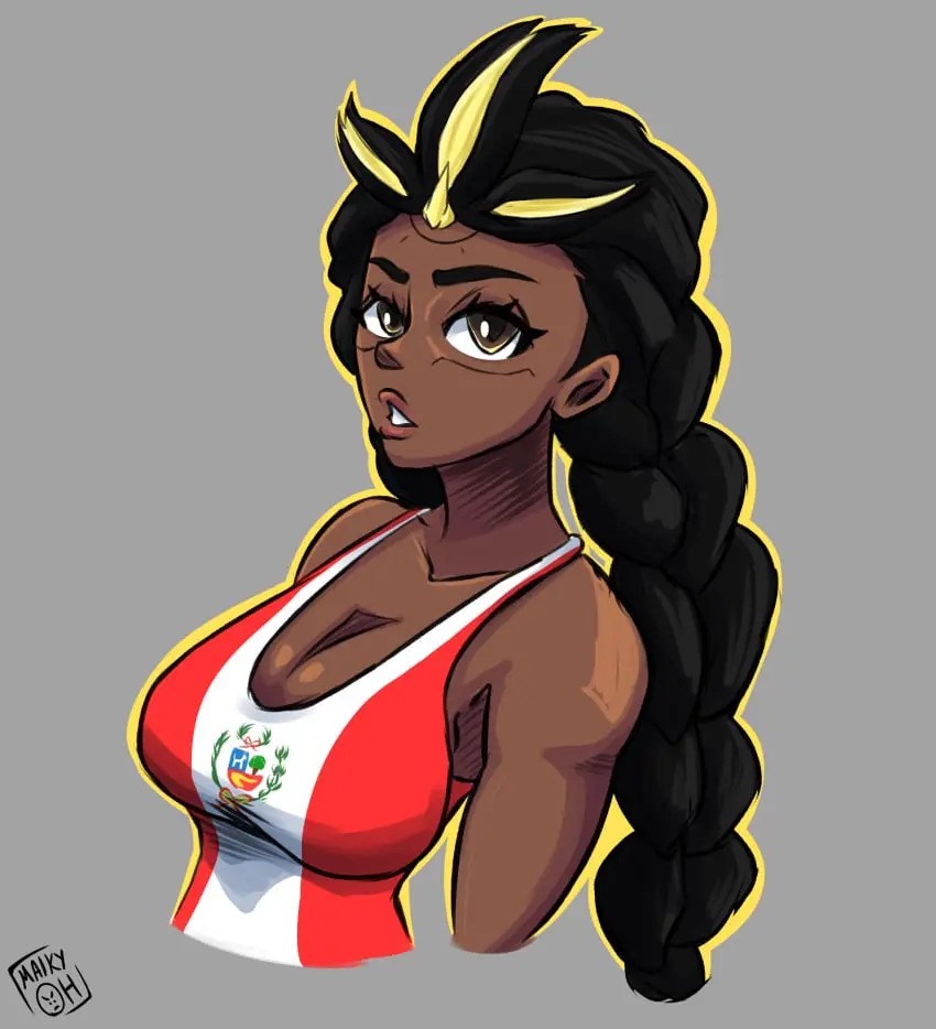 Image 1girls,female,simple_background,dark_skin,dark-skinned_female,overwatch,overwatch_2,blizzard_entertainment,peruvian_female,illari_(overwatch),braids,illari_quispe_ruiz,motoanexo,peruvian_flag_bikini