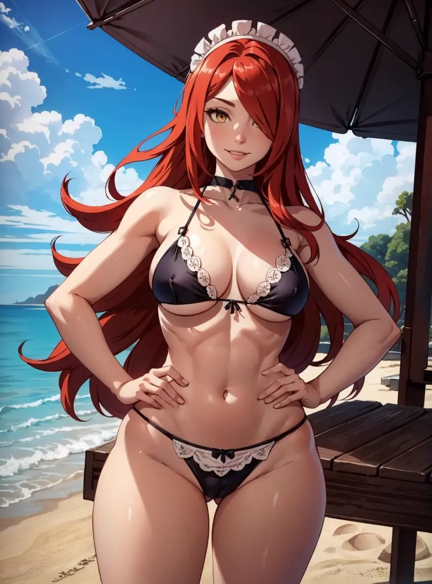 Image female,human,looking_at_viewer,bikini,beach,ai_generated,video_games,skullgirls,makimass_ai,parasoul