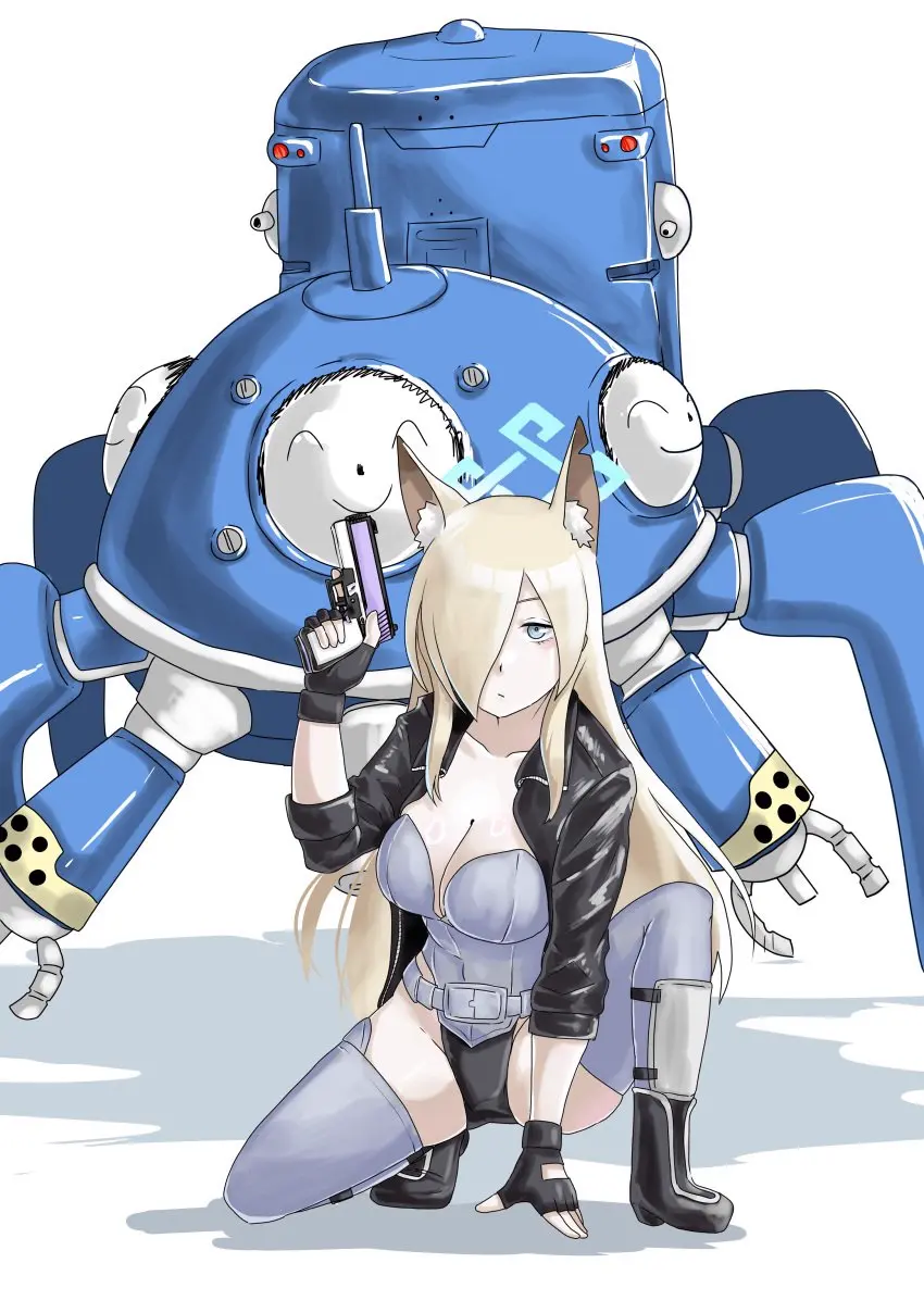 Image female,highres,long_hair,white_background,absurdres,thighhighs,blue_archive,cleavage,halo,jacket,holding,leotard,strapless,strapless_leotard,holding_weapon,weapon,cosplay,sensei_(blue_archive),gun,black_jacket,holding_gun,handgun,kanna_(blue_archive),doodle_sensei_(blue_archive),ghost_in_the_shell,kusanagi_motoko,kusanagi_motoko_(cosplay),aojiru_udon,grey_leotard,tachikoma