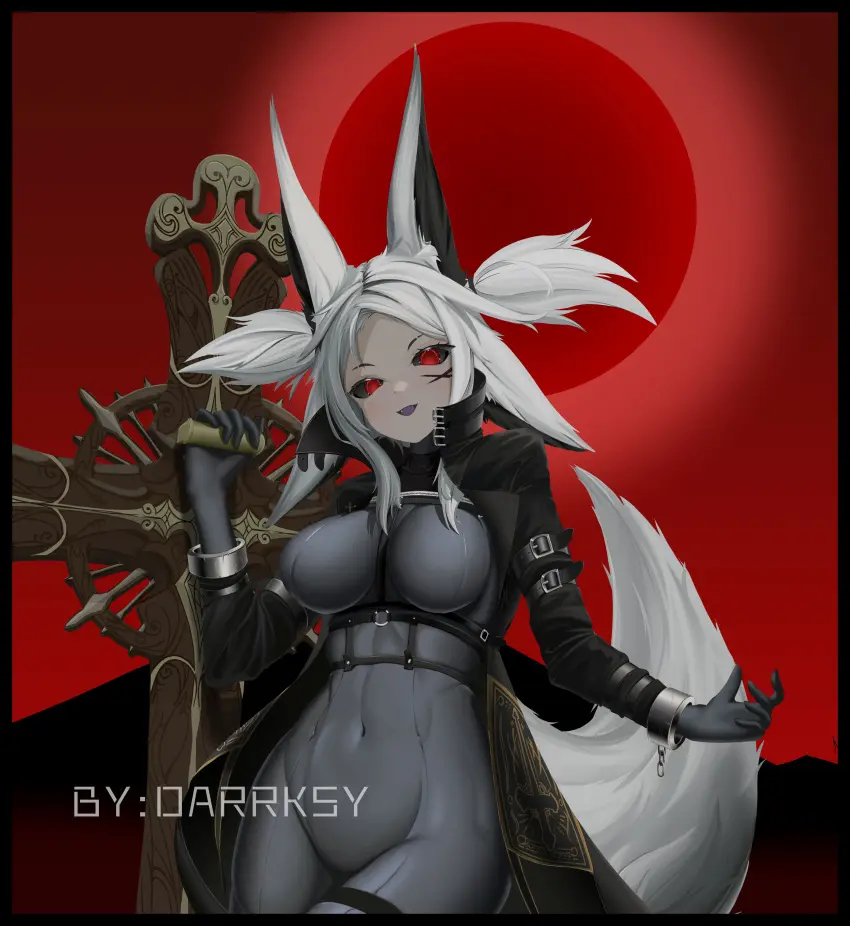 Image female,looking_at_viewer,red_eyes,smile,white_hair,virtual_youtuber,jacket,fox_ears,vyugen,skin_tight,cross,face_markings,dya_rikku_(vtuber)