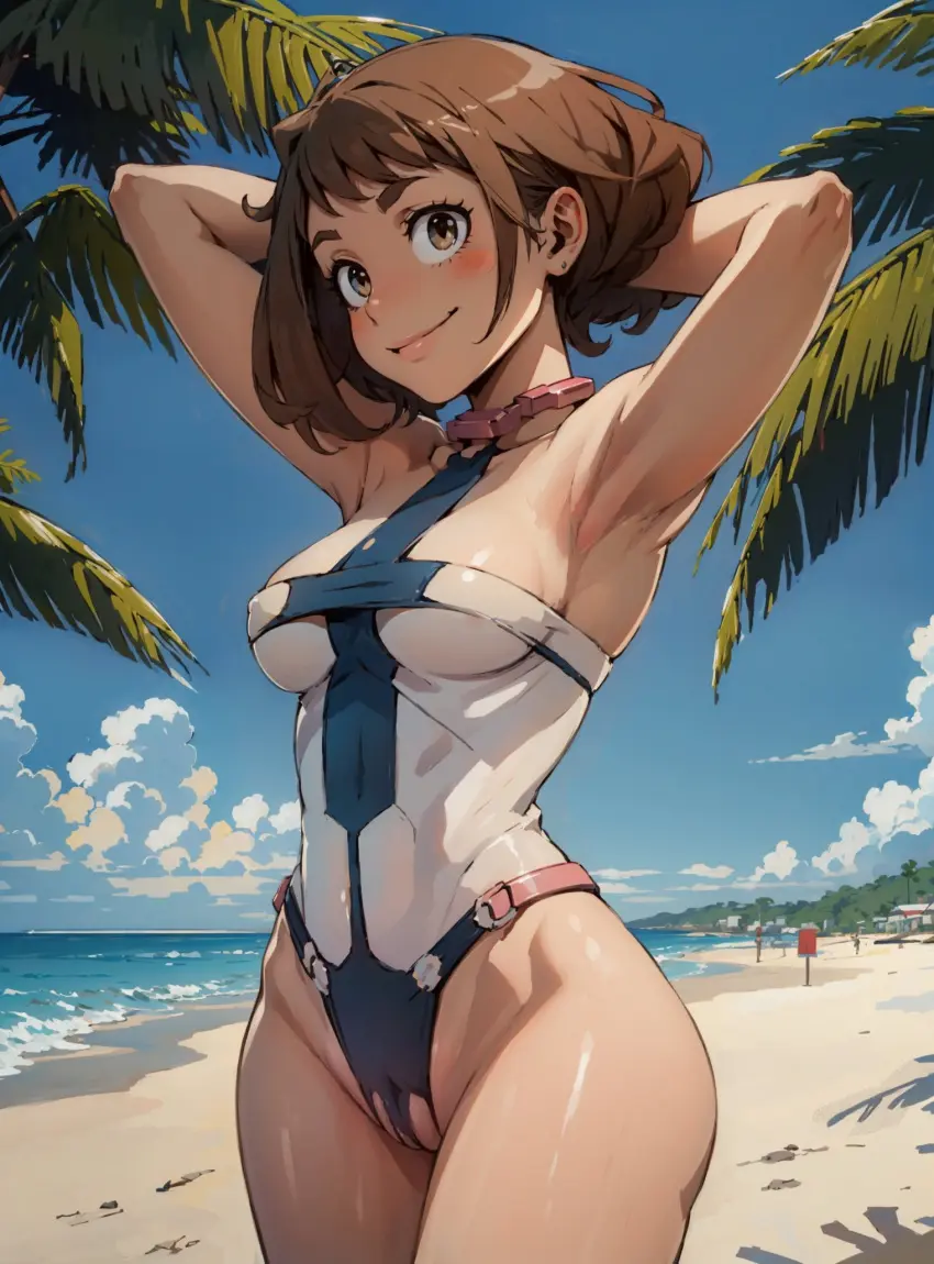 Image female,looking_at_viewer,beach,ai_generated,my_hero_academia,ochako_uraraka,makimass_ai