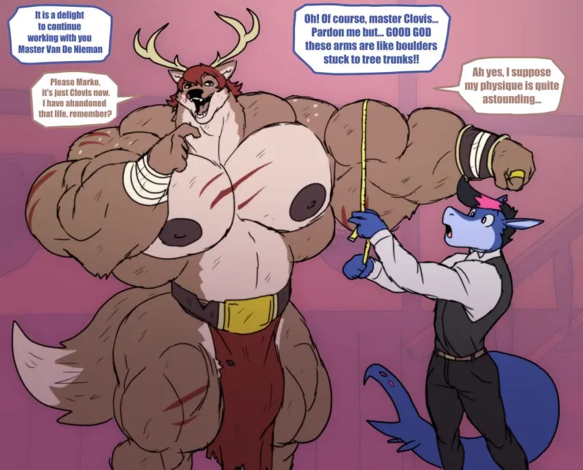 Image clothing,hi_res,nipples,male,duo,muscular,muscular_male,male/male,size_difference,anthro,bulge,mammal,muscular_anthro,pecs,scar,ring,big_muscles,deer,hyper,bottomwear,big_pecs,muscular_arms,muscular_thighs,shirtless,loincloth,huge_muscles,measuring,big_biceps,huge_pecs,hyper_muscles,tape_measure,hyper_biceps,parttimeyeen_(artist)