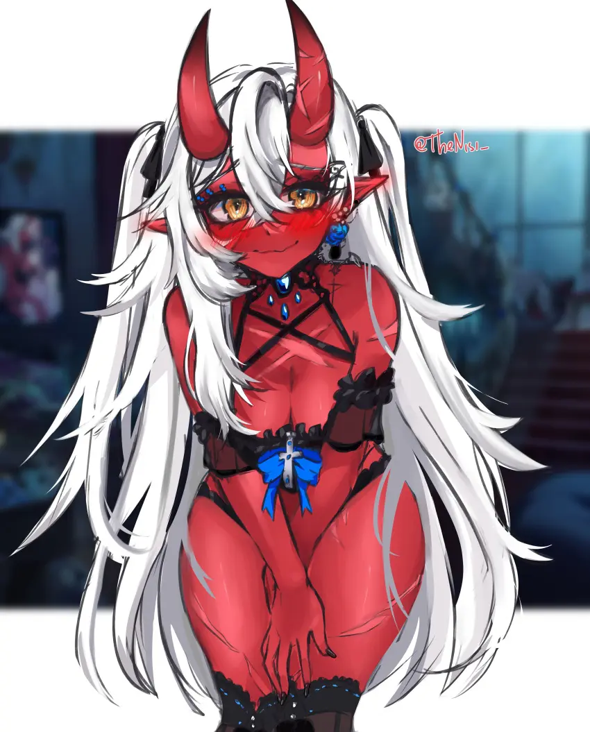 Image female,long_hair,looking_at_viewer,white_hair,yellow_eyes,virtual_youtuber,horns,red_skin,scars,akumi,oni,oni_horns,vyugen,rkgk