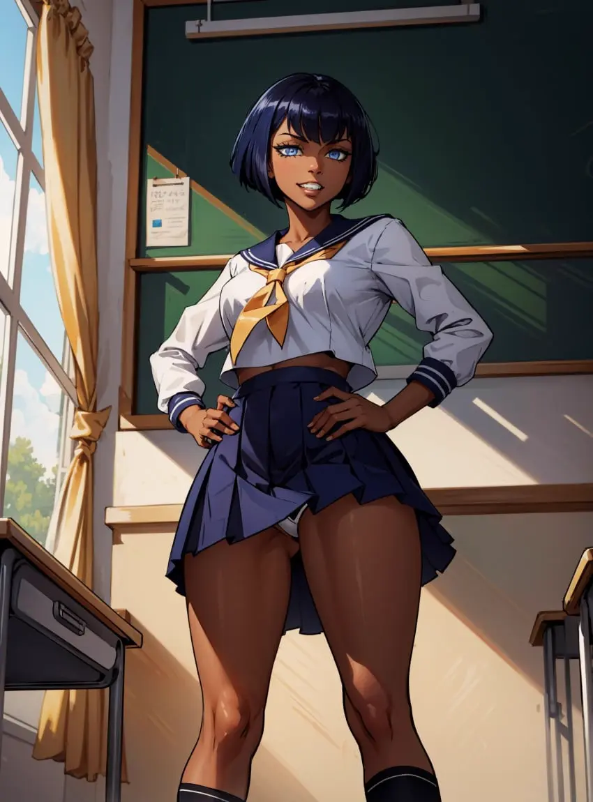 Image female,looking_at_viewer,ai_generated,school_uniform,dark_hair,video_games,skullgirls,brown_skin,makimass_ai,eliza_(skullgirls)