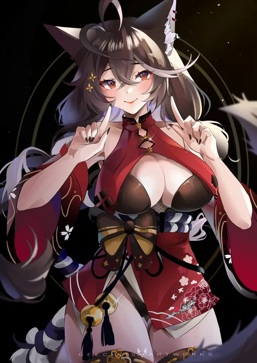 Image 1girls,blush,breasts,cowboy_shot,female,hair_ornament,large_breasts,long_hair,looking_at_viewer,red_eyes,smile,solo,very_long_hair,animal_ears,bangs,black_hair,tail,thighhighs,virtual_youtuber,bare_shoulders,cleavage,eyebrows_visible_through_hair,vtuber,dress,brown_hair,ahoge,hair_between_eyes,closed_mouth,red_dress,fox_ears,fox_tail,wolf_ears,kimono,vyugen,wolf_girl,multi_tail,japanese_clothes,wide_sleeves,index_finger_raised,tails,mixed_hair_color,momotexx_(vtuber),fox_shadow_puppet