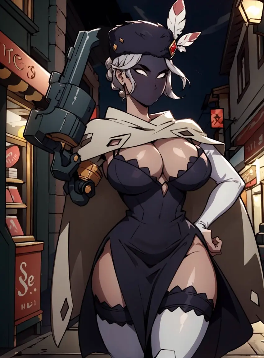 Image female,looking_at_viewer,ai_generated,video_games,skullgirls,gun,makimass_ai,black_dahlia