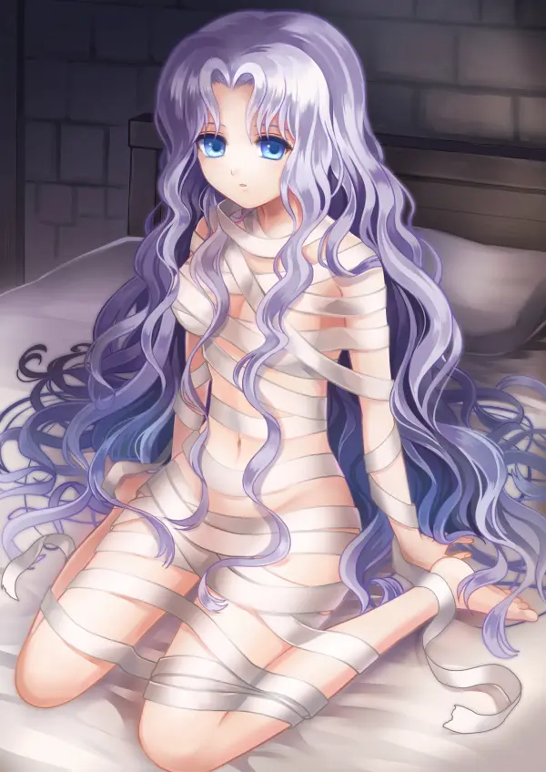 Image 1girls,breasts,female,female_only,long_hair,solo,very_long_hair,blue_eyes,navel,small_breasts,bare_shoulders,sitting,on_bed,purple_hair,nintendo,expressionless,fire_emblem,pillow,commission,bandaged_arm,bandaged_chest,seiza,skeb_commission,bandages,bandaged_leg,bandaged_neck,akuru_(akr369akr),fire_emblem:_thracia_776,naked_bandage,sara_(fire_emblem)